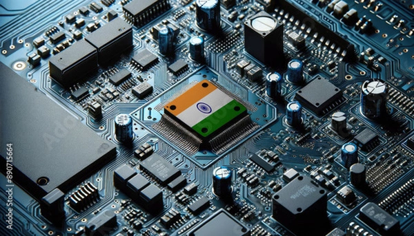 Fototapeta An intricate microchip with the India flag embedded, representing the innovation and technological advancements of the India in the field of electronics and microtechnology