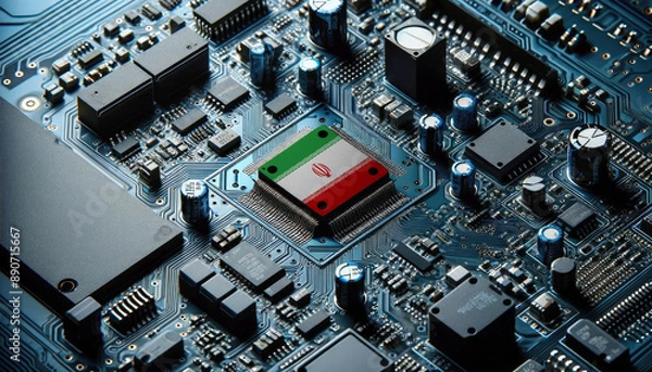 Fototapeta An intricate microchip with the Iran flag embedded, representing the innovation and technological advancements of the Iran in the field of electronics and microtechnology