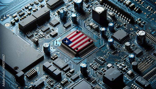 Fototapeta An intricate microchip with the Liberia flag embedded, representing the innovation and technological advancements of the Liberia in the field of electronics and microtechnology