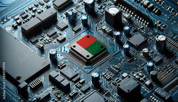 Fototapeta An intricate microchip with the Madagascar flag embedded, representing the innovation and technological advancements of the Madagascar in the field of electronics and microtechnology