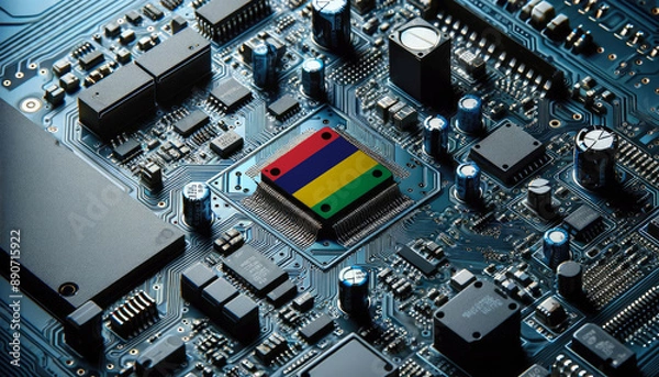 Fototapeta An intricate microchip with the Mauritius flag embedded, representing the innovation and technological advancements of the Mauritius in the field of electronics and microtechnology