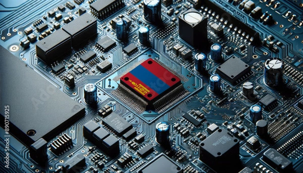 Fototapeta An intricate microchip with the Mongolia flag embedded, representing the innovation and technological advancements of the Mongolia in the field of electronics and microtechnology