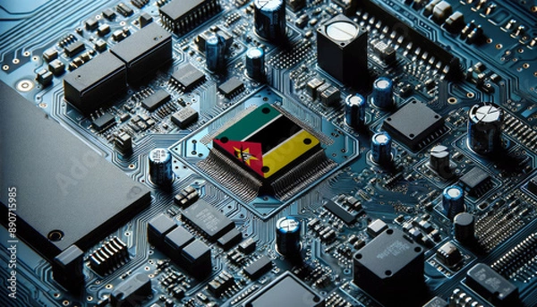Fototapeta An intricate microchip with the Mozambique flag embedded, representing the innovation and technological advancements of the Mozambique in the field of electronics and microtechnology