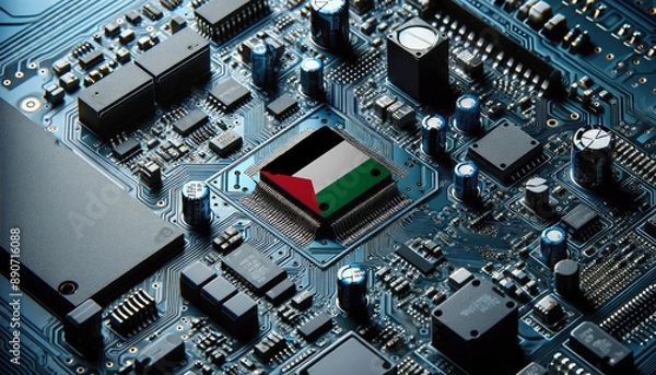 Fototapeta An intricate microchip with the Palestine flag embedded, representing the innovation and technological advancements of the Palestine in the field of electronics and microtechnology