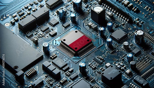 Fototapeta An intricate microchip with the Poland flag embedded, representing the innovation and technological advancements of the Poland in the field of electronics and microtechnology