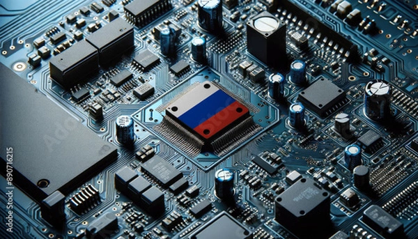 Fototapeta An intricate microchip with the Russia flag embedded, representing the innovation and technological advancements of the Russia in the field of electronics and microtechnology