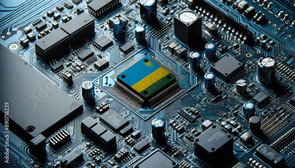 Fototapeta An intricate microchip with the Rwanda flag embedded, representing the innovation and technological advancements of the Rwanda in the field of electronics and microtechnology