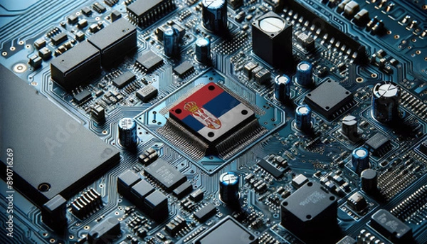 Fototapeta An intricate microchip with the Serbia flag embedded, representing the innovation and technological advancements of the Serbia in the field of electronics and microtechnology