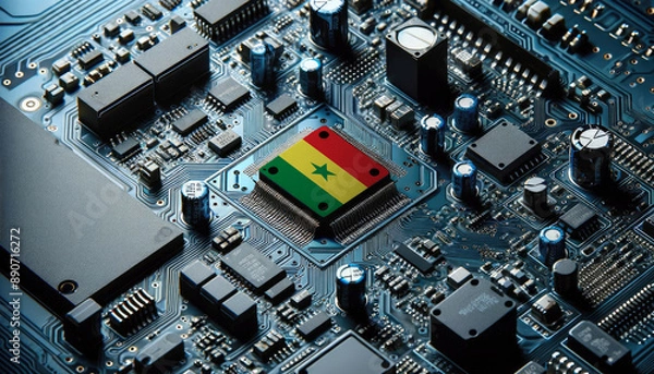 Fototapeta An intricate microchip with the Senegal flag embedded, representing the innovation and technological advancements of the Senegal in the field of electronics and microtechnology