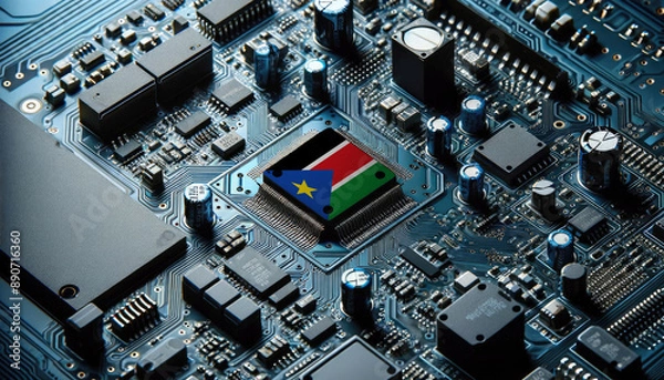 Fototapeta An intricate microchip with the South Sudan flag embedded, representing the innovation and technological advancements of the South Sudan in the field of electronics and microtechnology