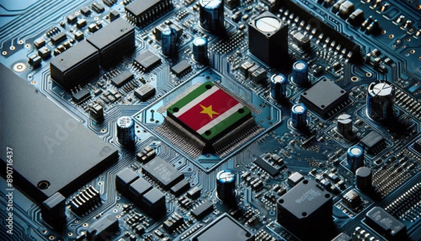 Fototapeta An intricate microchip with the Suriname flag embedded, representing the innovation and technological advancements of the Suriname in the field of electronics and microtechnology