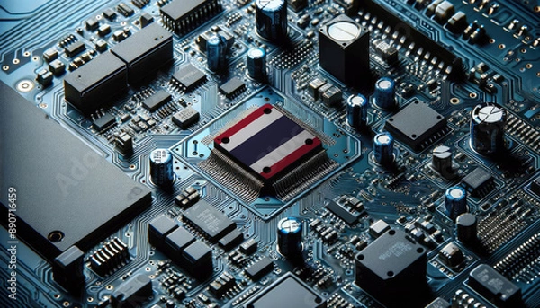 Fototapeta An intricate microchip with the Thailand flag embedded, representing the innovation and technological advancements of the Thailand in the field of electronics and microtechnology