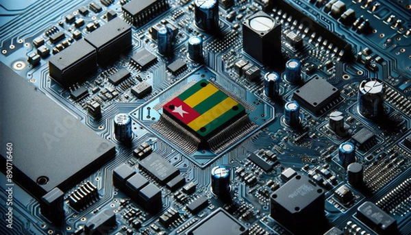 Fototapeta An intricate microchip with the Togo flag embedded, representing the innovation and technological advancements of the Togo in the field of electronics and microtechnology