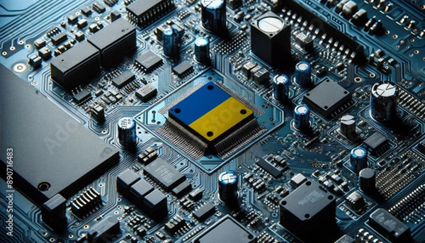 Fototapeta An intricate microchip with the Ukraine flag embedded, representing the innovation and technological advancements of the Ukraine in the field of electronics and microtechnology