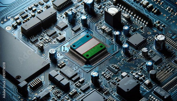 Fototapeta An intricate microchip with the Uzbekistan flag embedded, representing the innovation and technological advancements of the Uzbekistan in the field of electronics and microtechnology