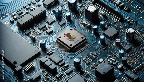 Fototapeta An intricate microchip with the Illinois flag embedded, representing the innovation and technological advancements of the Illinois in the field of electronics and microtechnology
