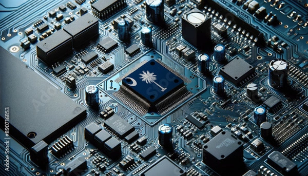 Fototapeta An intricate microchip with the South Carolina flag embedded, representing the innovation and technological advancements of the South Carolina in the field of electronics and microtechnology