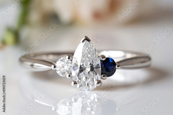 Obraz A sophisticated engagement ring featuring a stunning pear-shaped diamond flanked by a round diamond and a sapphire, set in a sleek platinum band.