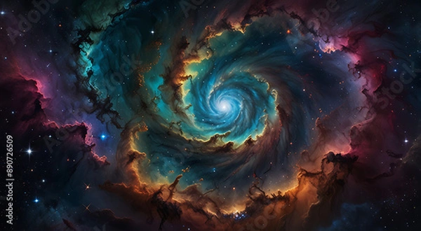 Fototapeta An abstract representation of the universe, with swirling galaxies, distant stars, and vibrant nebulae, all captured in a single mesmerizing image

