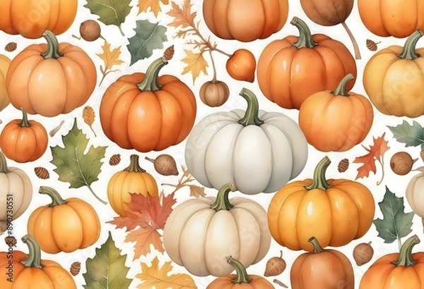 Obraz Watercolor Thanksgiving seamless pattern with pumpkins