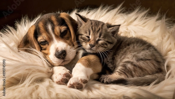 Fototapeta Cute Beagle Puppy and Scottish Fold Kitten Sleeping Together: Pet Photography, dog and cat, lying on a white fuzzy blanket.