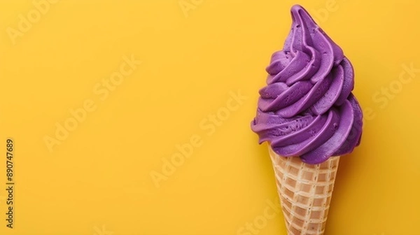 Obraz Purple Ice Cream Cone on a yellow Background with Copy Space