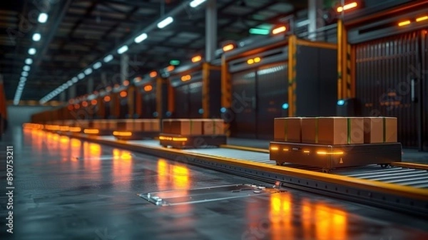 Obraz Modern Automated Warehouse with Conveyor Belts and Cardboard Boxes, Industrial Logistics and Supply Chain Management Facility, High-Tech Storage Solutionswarehouse