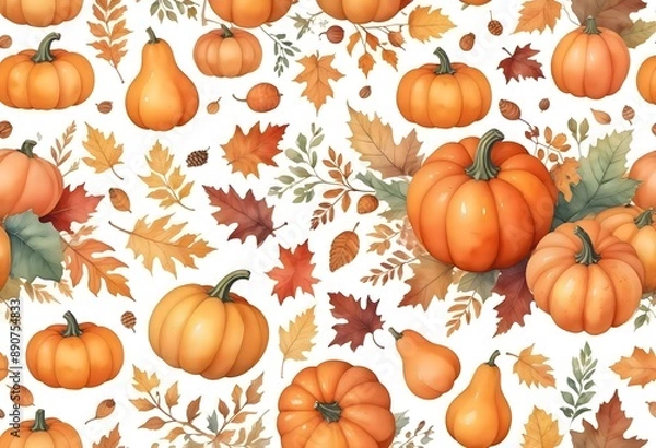 Obraz Watercolor Thanksgiving seamless pattern with pumpkins