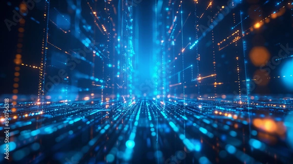 Fototapeta A blue network of connected dots, technology abstract background