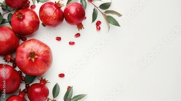 Fototapeta Background template with pomegranate fruit and plant leaf with copy space