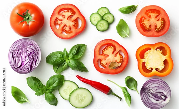 Fototapeta Assortment of fresh vegetables including tomatoes, cabbage, cucumbers, and basil on a light surface.
