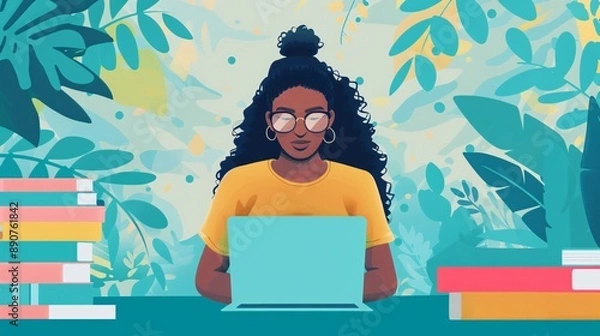 Fototapeta A student using a laptop to take an online course, representing the accessibility and convenience of digital learning