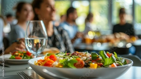Fototapeta Diverse coworkers enjoying delicious meal during busy lunch break in modern office cafeteria, vibrant salads and pasta, casual outfits, lighthearted atmosphere, teamwork celebration.