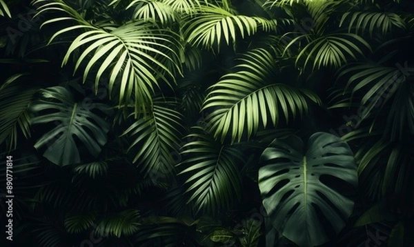 Fototapeta A lush scene of dense palm trees and ferns in a tropical jungle.