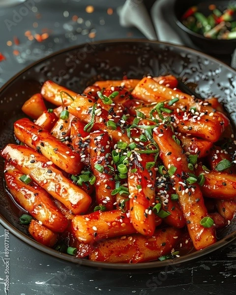 Obraz Tteokbokki, a popular Korean street food made with soft rice cakes, fish cakes, and a spicy sauce. It is often topped with scallions and sesame seeds.