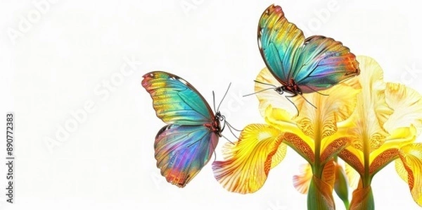 Fototapeta Colorful Butterfly and Delicate Iris Blossom on White Background, Symbolizing Beauty and Grace in Nature