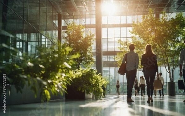 Obraz Blurred background of people walking in a modern office building with green trees and sunlight , eco friendly and ecological responsible business concept image with copy space