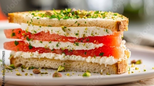 Fototapeta A delectable sandwich with layers of watermelon, ricotta cheese, and honey, sprinkled with crushed pistachios