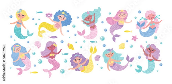 Fototapeta Childrens cute characters. Sea mermaids set. Vector illustration of fairy tale characters
