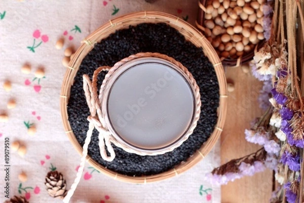 Fototapeta Soy milk mix black sesame with soybean seed and black sesame see
