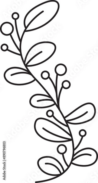 Fototapeta Tree Branches with Leaves and Flowers Line Art