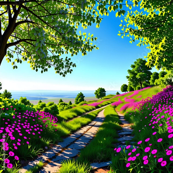 Fototapeta 화창한 봄날의 만개한 꽃길 산책로