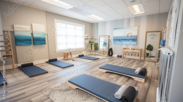 Fototapeta A clean and simple heated Pilates studio with mats and beginner-friendly props set up