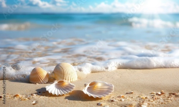 Obraz A beach scene with a starfish and shells on the sand. Free copy space for text.