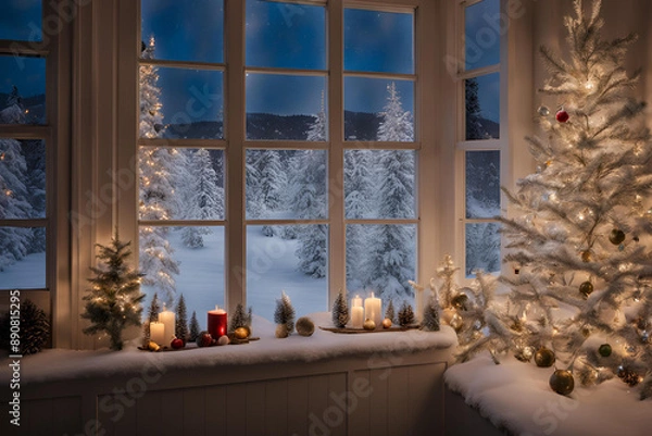 Fototapeta Snowy Winter Wonderland Window View, Cozy window decorated with snowflakes overlooking a serene winter landscape at sunset