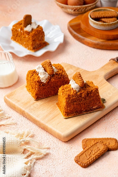 Fototapeta Lotus Biscoff sponge cake made from lotus cookies and spread