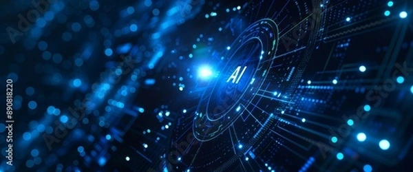 Obraz AI technology on black background. Futuristic, dark artificial intelligence concept with text "AI", blue glowing hologram and empty space. 