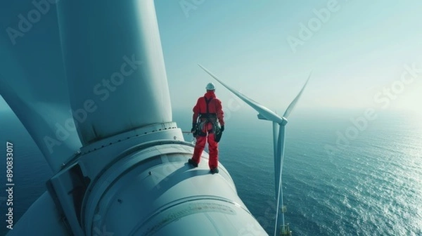 Fototapeta A person in a red suit stands on a wind turbine high above the sea, highlighting the scale of renewable energy and human ingenuity in harnessing nature's power.
