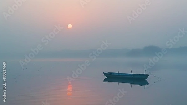 Obraz A Solitary Boat on a Misty Lake at Sunrise