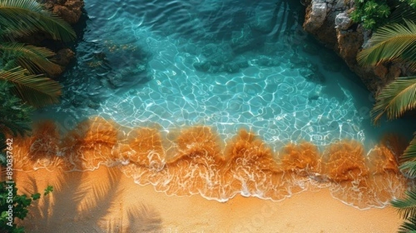 Fototapeta Top view of tropical leaf shadow on water surface. Shadow of palm leaves on white sand beach. Beautiful abstract background concept banner for summer vacation at the beach,goldern hours golden sand